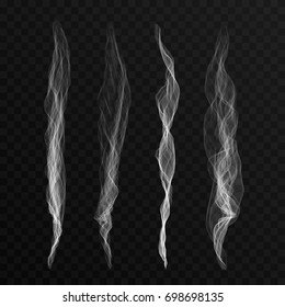 Smoke waves set on transparent background. Cigarette smoke waves, hot steam, mist. Vector