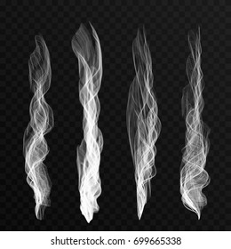 Smoke waves set on transparent background. Cigarette smoke waves, hot steam, mist. Vector