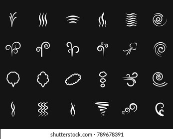 Smoke, wind simple icons on black backdrop. Vector smoke wave line, mist and steam flow illustration