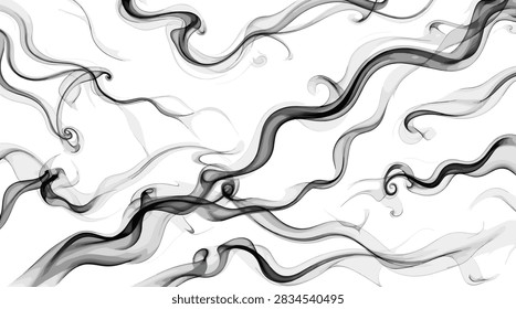 Smoke Wisps Vector featuring flowing organic tendrils with graceful curves, natural curls, varied thickness, tapered ends, and overlapping wisps. The balanced composition creates an elegant drifting smoke effect with dynamic movement and open negative space. Ideal for posters, apparel, branding, typography, album artwork, advertising, editorial design, and atmospheric graphic compositions.
