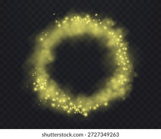Smoke círculo amarillo con puntos brillantes, partículas, estrellas chispas mágicas sobre un fondo transparente. Marco de portal de anillo, irradiando energía de luz y aura mágica. Ilustración vectorial.