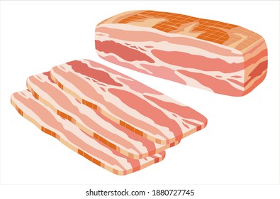 Smoked bacon block with cut pieces against white background