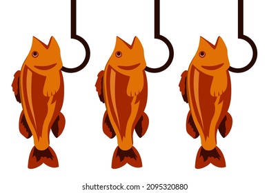 Smoked or dried fish on a hook isolated on white background, vector illustration
