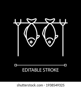 Smoked fish white linear icon for dark theme. Roasted seafood. Grilled salmon, tuna. Thin line customizable illustration. Isolated vector contour symbol for night mode. Editable stroke