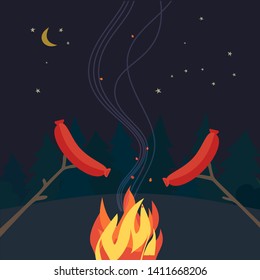 Smoked grilled sausages flat hand drawn vector color icon. Forest campsite picnic element design. Grilling sausages camping fire cartoon. Night campsite party sign. Campfire background illustration