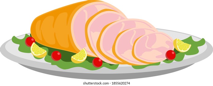 Smoked ham isolated, delicious sliced ham illustration for delicatessen uses. Illustration vector flat cartoon of food on happy Thanksgiving menu on dinner table as feast concept. Smoked pork.