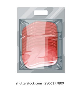 Smoked ham slices in plastic tray vector illustration. Cartoon isolated delicatessen pieces of pork ham with streaks of fat in butcher shop or supermarket package, food ingredient for sandwich