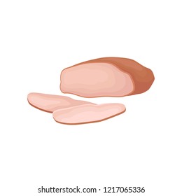 Smoked ham with two slices. Fresh meat product. Organic meat product. Food icon. Flat vector for poster of grocery store