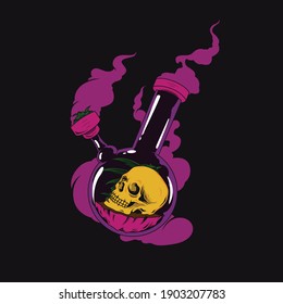 Smoked marijuana skull. Vector illustration of head skull inside the glass pipe with smoke concept design