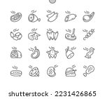 Smoked meat. Chicken, bacon, pork, steak, lamb, salami, sausages. Meat products for butchers, restaurans, cafe, groceries. Pixel Perfect Vector Thin Line Icons. Simple Minimal Pictogram
