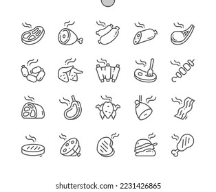 Smoked meat. Chicken, bacon, pork, steak, lamb, salami, sausages. Meat products for butchers, restaurans, cafe, groceries. Pixel Perfect Vector Thin Line Icons. Simple Minimal Pictogram