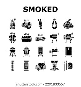 smoked meat food sausage ham icons set vector. pork beef, chicken steak, bacon smoke, salami raw, slice salmon, bbq fire, cold smoked meat food sausage ham glyph pictogram Illustrations