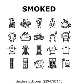 smoked meat food sausage ham icons set vector. pork beef, chicken steak, bacon smoke, salami raw, slice salmon, bbq fire, cold smoked meat food sausage ham black contour illustrations