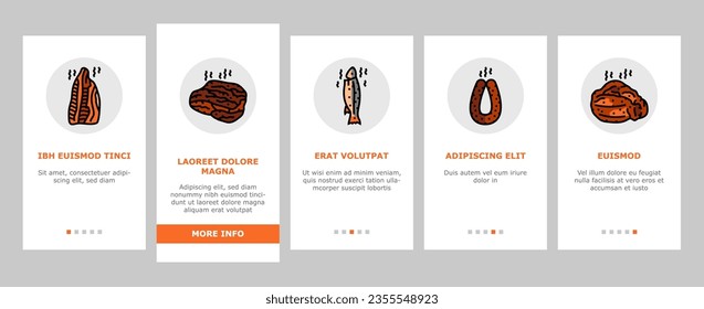 smoked meat food sausage ham onboarding mobile vector. pork beef, chicken steak, bacon smoke, salami raw, slice salmon, bbq fire, cold smoked meat food sausage ham illustrations