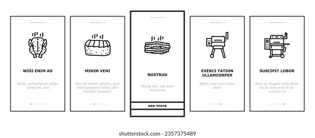 smoked meat food sausage ham onboarding mobile vector. pork beef, chicken steak, bacon smoke, salami raw, slice salmon, bbq fire, cold smoked meat food sausage ham illustrations