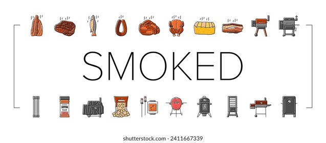 smoked meat food sausage ham icons set vector. pork beef, chicken steak, bacon smoke, salami raw, slice salmon, bbq fire, cold smoked meat food sausage ham color line illustrations