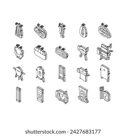 smoked meat food sausage ham isometric icons set. pork beef, chicken steak, bacon smoke, salami raw, slice salmon, bbq fire, cold smoked meat food sausage ham color line