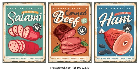 Smoked meat products retro signs and posters collection. Salami, ham and corned beef vector illustration. Vintage food advertisements.