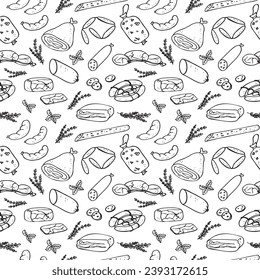 Smoked meat sausages seamless pattern hand drawn vector illustration.Different kind sausages products repeating background with bacon, sausages, pastrami, salami. Tasty meal, delicious snacks butchery