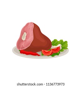Smoked pork leg with fresh sliced tomatoes, red chili pepper and lettuce leaf. Meat on bone. Appetizing holiday food. Flat vector icon