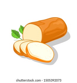 Smoked round cheese cutted to slices garnish with greenery. Ricotta, rauchkase, bavarian. Appetizing farm, dairy product. Vector cartoon realistic illustration isolated on white for cookbook, packing.
