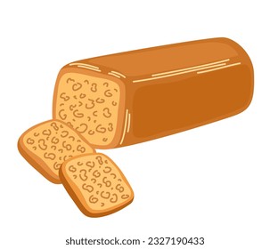Smoked round cheese cutter to slices. Appetizing farm, dairy product. Ricotta, rauchkase, bavarian. For cookbook, packing, cafes, menus, restaurants, food. Vector Hand draw Illustration isolated