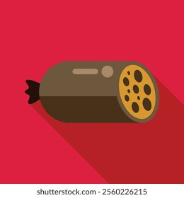 Smoked salami with mold on red background, ideal for food concepts like meat, italian cuisine, and unhealthy snacks