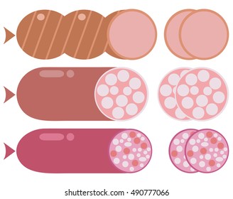 Smoked salami sausage isolated. Unhealthy eat, fat, smoked, fresh, bratwurst vector. Two slices of sausage