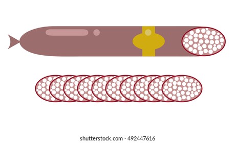 Smoked salami sausage isolated. Unhealthy eat, fat, smoked, fresh, bratwurst vector. Two slices of sausage