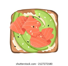 Salmón ahumado y tostadas de aguacate. snack saludable, sándwich abierto con lonchas de pescado, queso crema, sésamo en pan a la parrilla, vista superior. La comida del desayuno. Ilustración vectorial plana aislada en fondo blanco