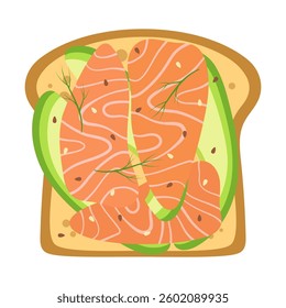smoked salmon and avocado toast, healthy snack, open sandwich with fish slices and sesame, top view, breakfast food, flat vector illustration isolated on white background
