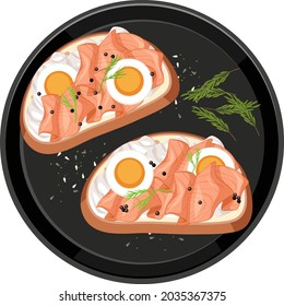 Smoked salmon bruschetta with egg topping on a round plate isolated illustration