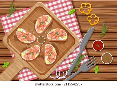 Smoked salmon bruschetta with vegatable ingredient on the wooden table background illustration