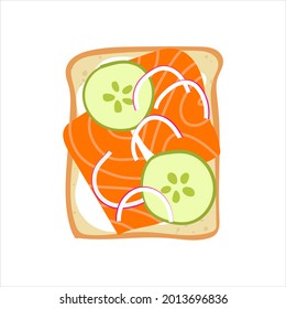 Smoked salmon on toast. Flat hand drawn breakfast illustration of sandwich with lox, cucumber and onion. Yummy healthy snack print for kitchen, menu, cafe.