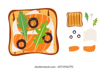 Smoked salmon on toast. Flat hand drawn breakfast illustration of sandwich with mozzarella ,olive and arugula. Yummy healthy snack print for kitchen, menu,