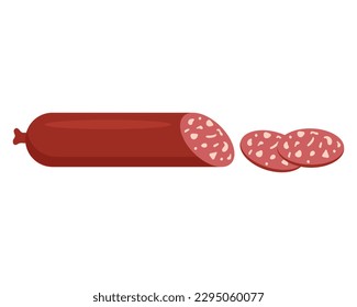 Smoked sausage cut into slices. Food. Meat product. Vector illustration.