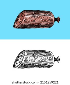 Smoked sausage. Meat products. Hand drawn sketch in vintage doodle style.