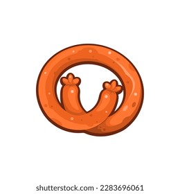 Smoked sausage rolled into a pretzel. Stylized drawing on a white, isolated background. Vector illustration..