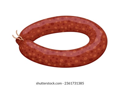 Smoked sausage rolled into a ring. Krakow sausage. Vector illustration on a white background.