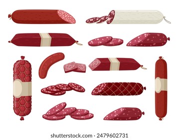 Smoked sausages. Raw smoked sausage, delish meat semi-finished products, butcher shop sausages flat vector illustration set. Meat delicacies