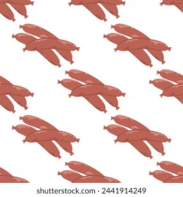 Smoked sausages seamless pattern vector graphics. Street fast food background. Grilled sausages print for packaging, paper