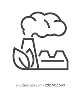  Smokehouse factory with leaves. Ecology icon. Editable stroke icon