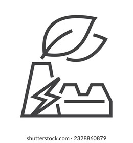 Smokehouse factory with leaves and lightning symbol. Ecology icon. Editable stroke icon