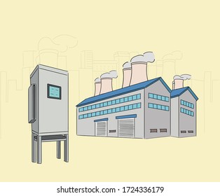 a smoke-producing factory complex illustration set. industry, exterior, chimney, plant. Vector drawing. Hand drawn style.