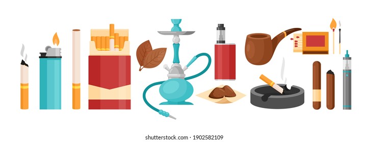 smoker addict collection with nicotine cigarette in pack box or ashtray, cigar lighter hookah vape and tobacco leaves. Smoking tobacco addiction set
