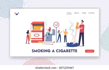 Smoker Characters Bad Habit Landing Page Template. Smoking Addiction Concept. Young Tiny People Smoke near Huge Cigarettes Box and Lighter in Public Place with Ashtray. Cartoon Vector Illustration