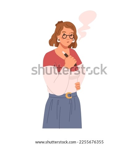 Smoker with electronic device for smoking, isolated woman with vape. Female character with cigarette, addiction to nicotine and bad habit. Vector in flat style