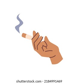 Smoker hand holding lit cigarette with smoke and fire. Isolated palm and fingers, gesture of smoking character with cigar. Flat cartoon, vector in flat style