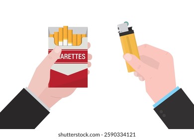 Smoker hand holds full cigarette pack, other hand give yellow gas lighter. Bad addiction, tobacco and nicotine product. Smoking kills, unhealthy lifestyle. No smoking. flat vector illustration