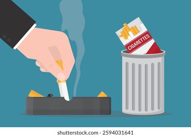 Smoker hand putting out cigarette in ashtray. Ashtray with cigarette butts. Cigarette pack in trash can. Healthcare, healthy lifestyle. Stop smoking concept. flat style vector illustration